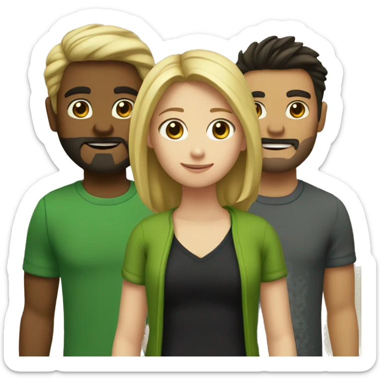 two girls and one guy. one of the girls is a blonde in a green sweater, the other has brown hair and a black sweater, in the middle is a guy with dark hair and a beard sticker