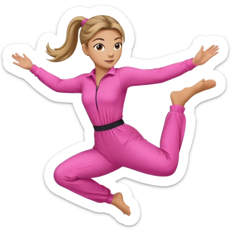 Woman dark blond hair ponytail pink  full body jumpsuit flying sticker