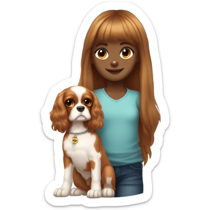 Super cute light skin kid girl with long hair with bangs with a cavalier King Charles spaniel dog  sticker