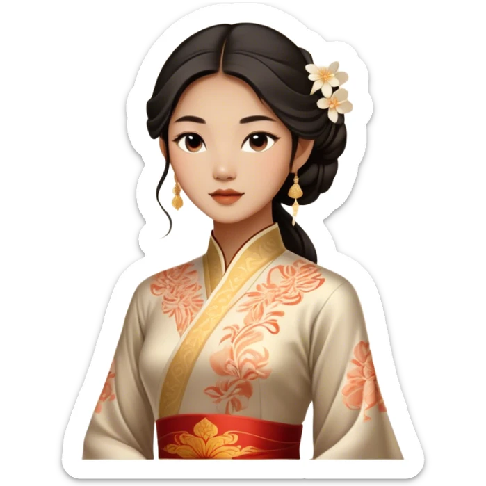 Cinematic Realistic Áo Dài Portrait Emoji, depicted as an elegant traditional Vietnamese dress with flowing graceful lines and delicate patterns, rendered with rich textures and soft ethereal lighting that captures its timeless beauty. sticker
