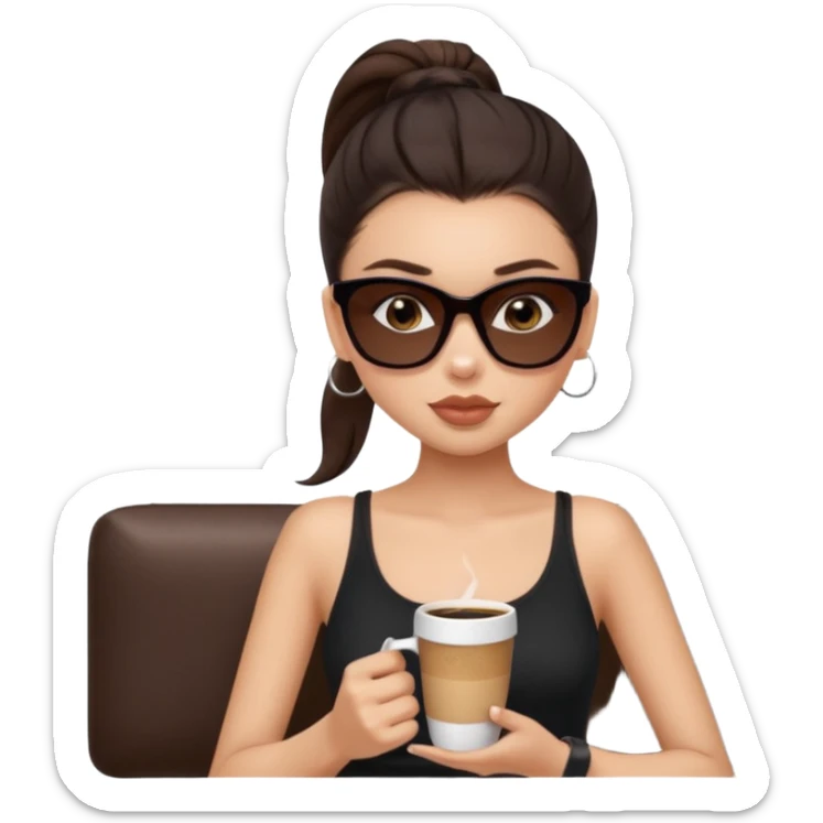 generate a pretty fair bratz girl with dark brown eyes, dark brown eyes tied into a slick back ponytail, thin brown sunglasses. Wearing a black cami top and drinking coffee, high cheekbones sticker