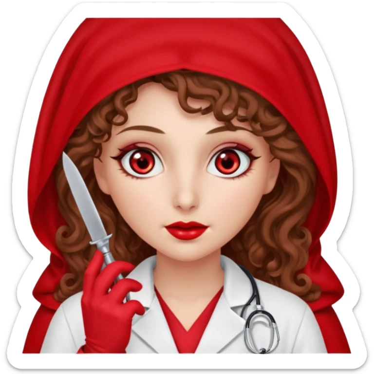 Lilith scalpel in hand, evil surgeon sexy surgeon clothes.  She has red eyes. She brown long curly hair. Wears sexy doctor outfit with red gloves. Wears red burka to hide her mouth and nose sticker