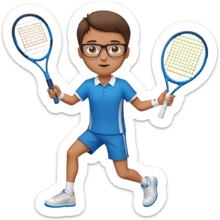 homme l'air cool taille moyenne corpulence maigre cheveux chatain court yeux bleus lunettes photo de pieds en pantalon qui fait du tennis pe sticker