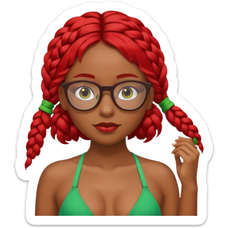 Dark Tan girl with two long red plaits and red rimmed  glasses, green bikini top,  head neck and shoulder shot only sticker
