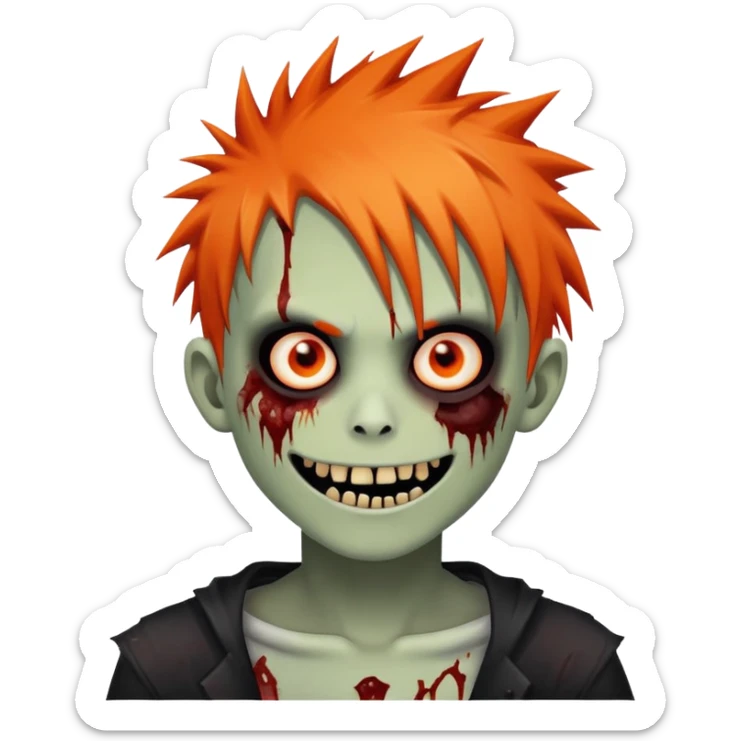 boy zombie with orange skin, orange spikey emo hair, black and red eyes, bloody smile sticker