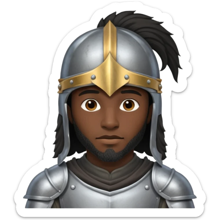 A black male with long black rough hair wearing a knight helmet sticker