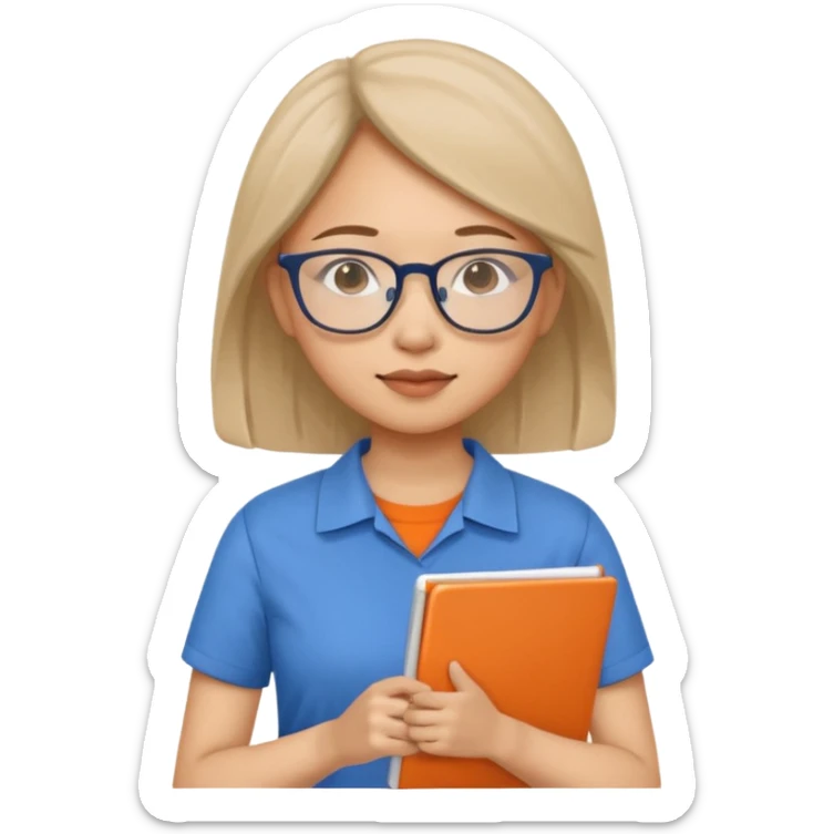 An asian woman with papers and laptop wearing glasses in blue and orange shirt sticker