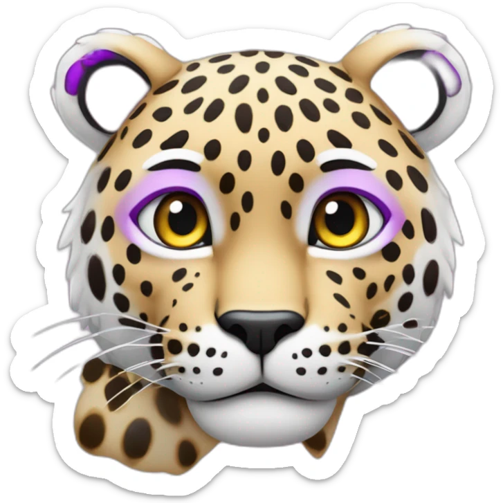 Haz un emoji de un leopardo de las nieves, con manchas violetas, y pelo rosa sticker