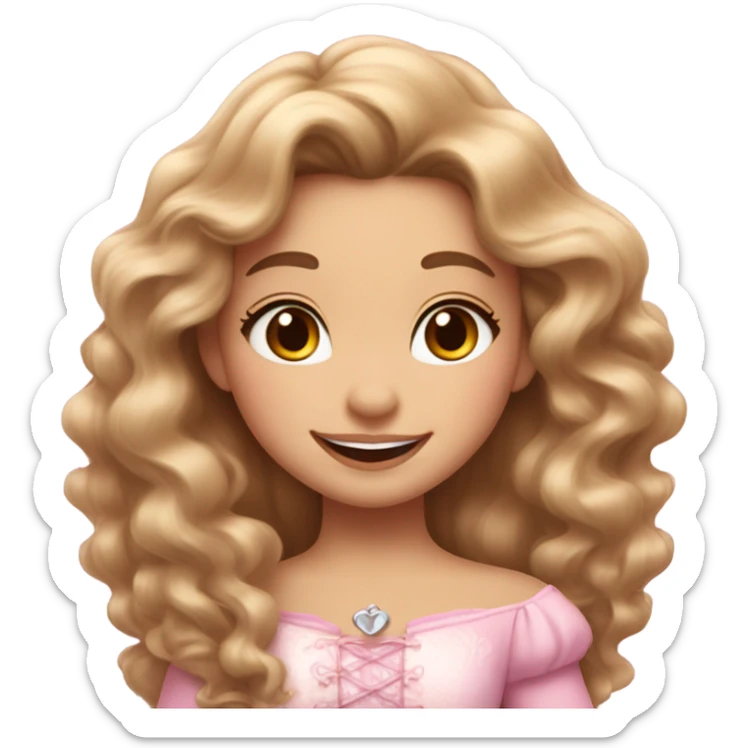A girl’s face with cute pinkish makeup and brown long curly hair; look like Rapunzel in Disney; white skin; peach pink lips; pink blush; smiley cute face￼  sticker