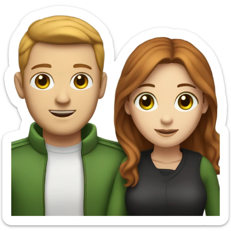 A white woman with reddish-brown hair and green eyes hugging a white man with black straight hair and brown eyes sticker