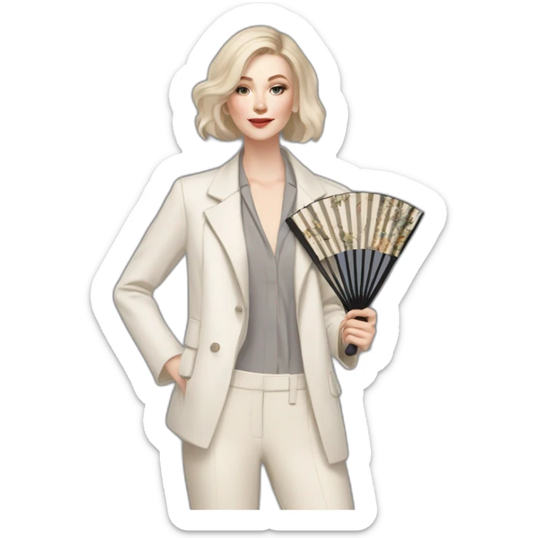 pale skin woman with ash blonde Straightened bob Hair, White Spacious classical jacket, beige palazzo Arrow pants and gray blouse holding a fan from color palettes in the hands sticker