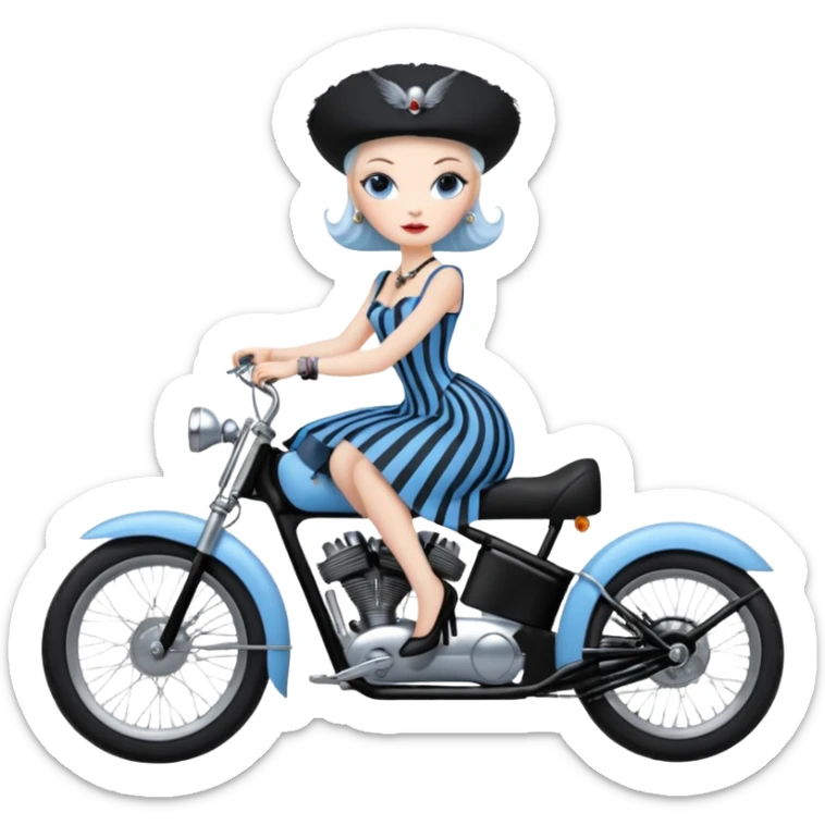 1920s coal hair hotrod Silkstone Marie Antoinette Morticia Addams Barbie Wednesday Addams from academy in a blue and black vertically-striped classic dress. riding matte black hot rod electric bikes with crows sticker