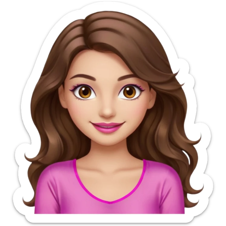 girl with long wavy brown hair, brown eyes, long lashes makeup, sexy pink lips, light to medium complexion, wearing a pink sexy silk top, smiling sticker