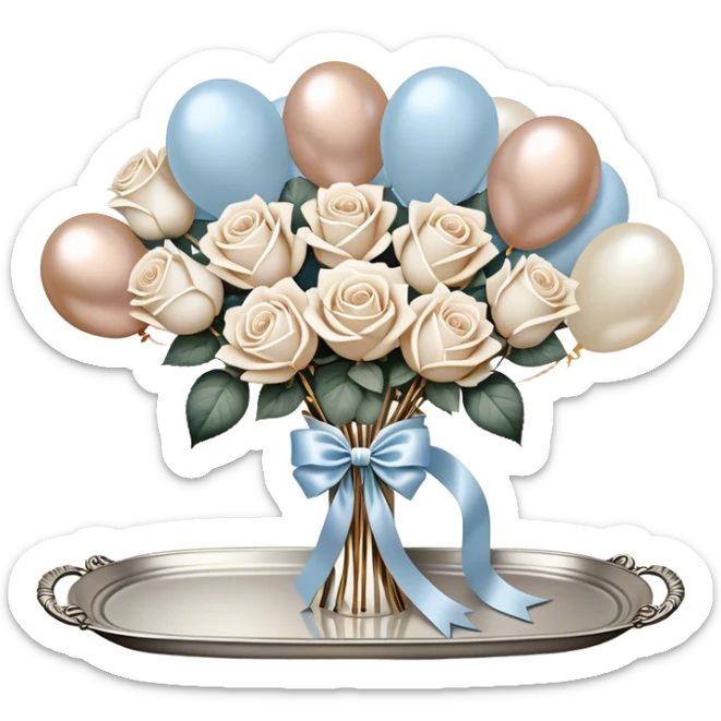 Set against a warm beige and pearl-colored lace backdrop, a bouquet of creamy white roses intertwined with pale blue blooms is wrapped in a soft champagne-colored velvet ribbon, forming a perfect bow. The bouquet rests on an antique silver tray, its delicate engravings catching the soft glow of candlelight. Hovering above, a trio of metallic pearl balloons in soft ivory and rose gold tones sway gently, their surfaces gleaming with a muted, vintage-inspired sheen. sticker