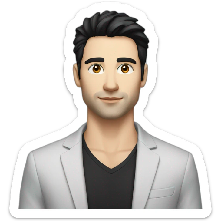 man, blue eyes, 30 years old, white skin, black hair, blazer with t-shirt, good looking sticker