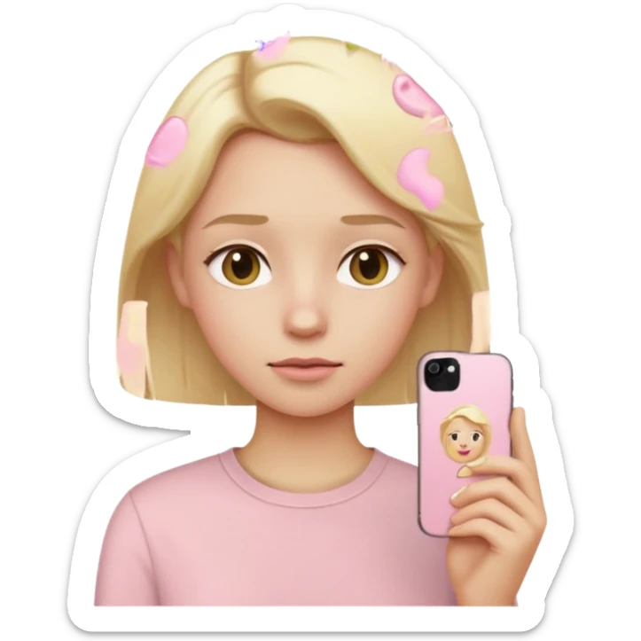 side view close up of a pastel pink iPhone to the ear, blonde hair, beige shirt, iOS Apple emoji style sticker