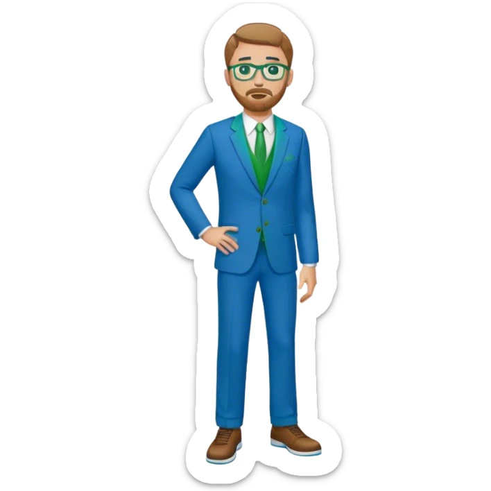 full body White male basketball coach light brown/ blond hair, short beard, green/blue eyes wearing glasses and blue and green suit sticker