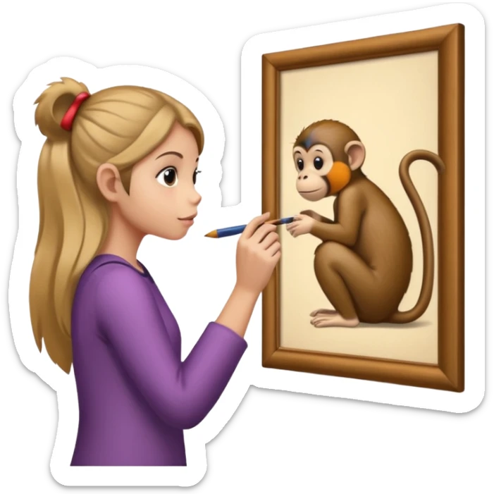  girl look a monkey is painting picture of monkey on the wall sticker