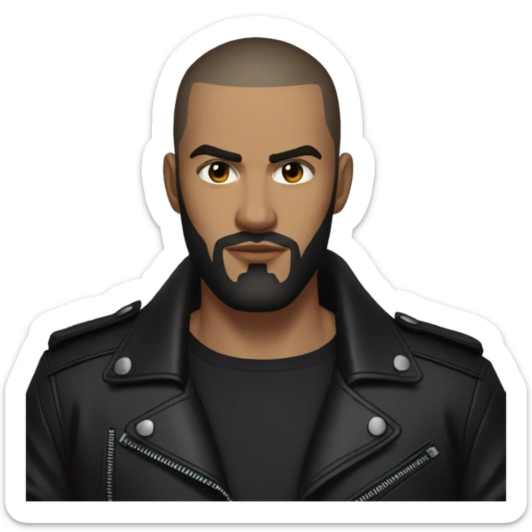 young man with very short dark brown hair and beard,buzzcut,  cool outfit, black leather jacket and black shirt underneath, evil look, angry look sticker