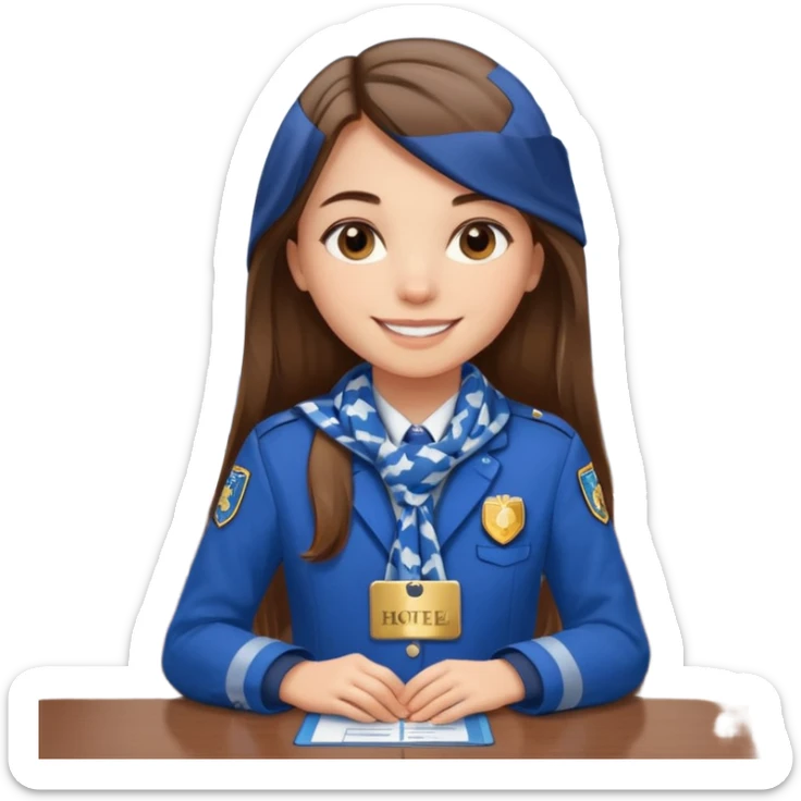 Young girl, long straight hair, wearing uniform jacket with hotel name badge, tasteful scarf, stand behind the desk

 sticker