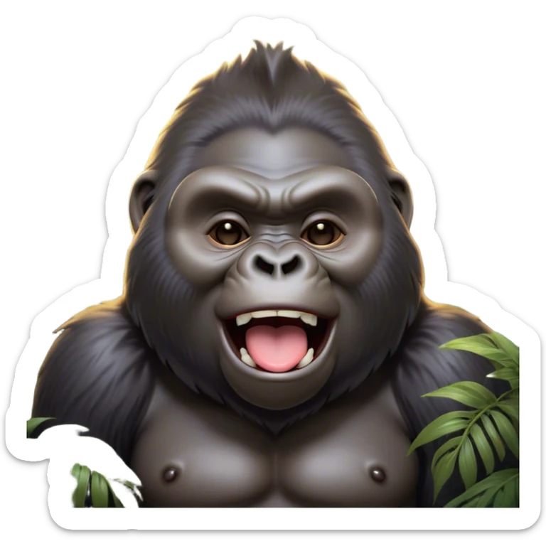Cinematic Cute Yawning Gorilla Portrait Emoji, Head tilted slightly with a dramatic, wide-open yawn, showcasing a thick, velvety Fur with drowsy, half-closed eyes and a relaxed, open expression, Simplified yet irresistibly adorable features, highly detailed, glowing with a soft, cozy jungle glow, high shine, relaxed yet expressive, stylized with a dash of whimsical primate charm, soft glowing outline, capturing the essence of a drowsy yet affectionate guardian that appears ready to stretch out for a nap! sticker