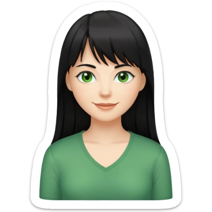 A white woman with Long straight hair with bangs, black hair, green eyes and a low-cut shirt sticker
