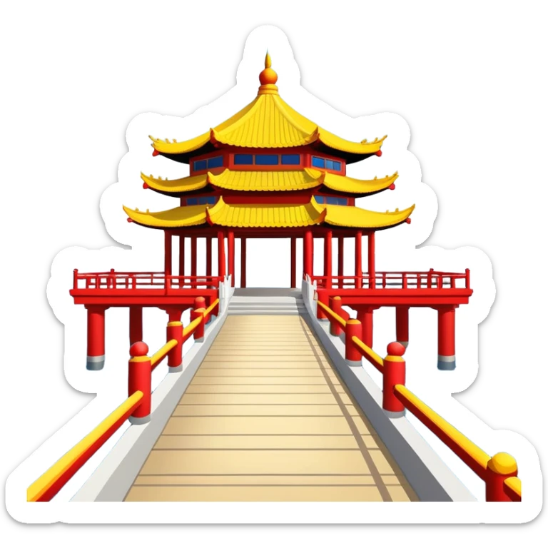 Qingdao Zhanqiao Pier with pavilion over sea, simplified emoji style with bold outlines and bright colors, cartoon style traditional Chinese pavilion on pier sticker