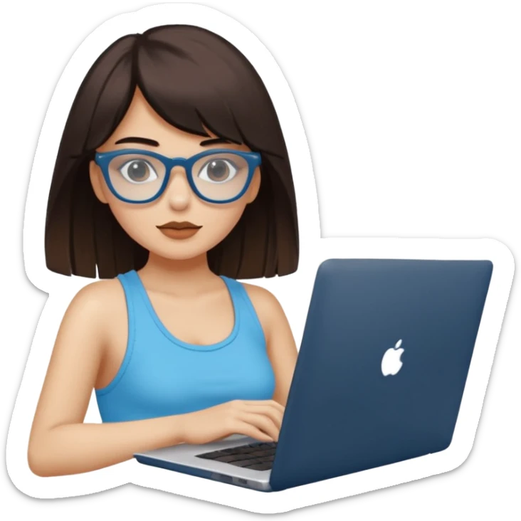 Una chica de color de piel blanca con cabello súper largo con flequillo color marrón y gafas negras con estilo de periodista súper top, también agrega una lapto en sus manos, también que su vestimenta sea un crop top color azul Celeste  sticker