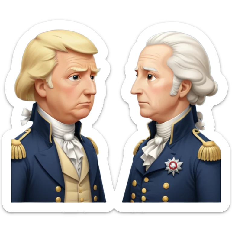 “Donald Trump and George Washington facing each other. Trump in a modern suit, visibly shocked. George Washington in colonial uniform, calm and silent. Realistic style, cinematic lighting.” sticker
