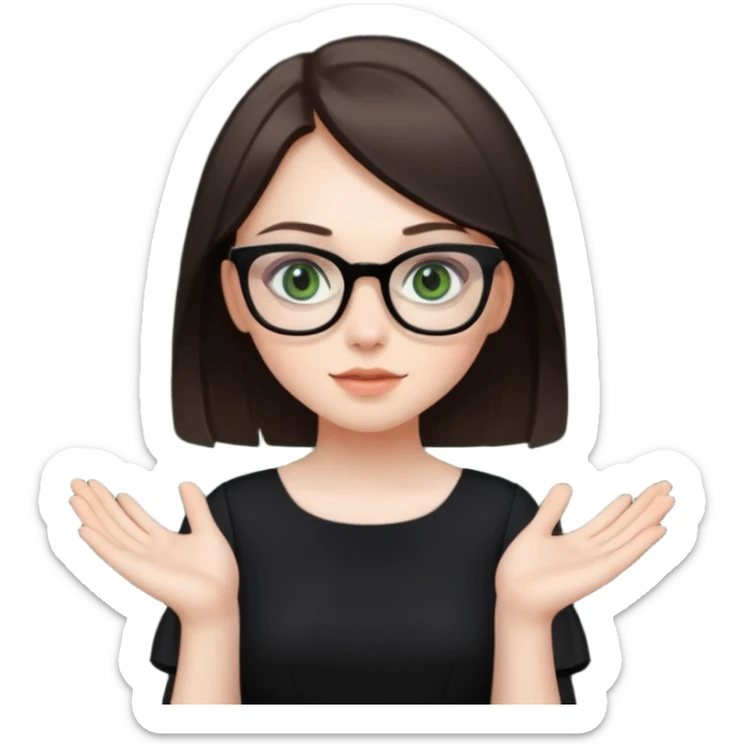 a cute white brunette girl with green eyes in a black dress wearing glasses  with two hands  sticker