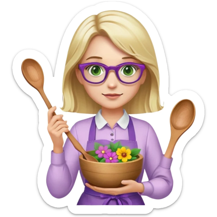 woman with blonde shoulder length hair, purple glasses, green eyes, flower apron, holding bowl and spoon sticker