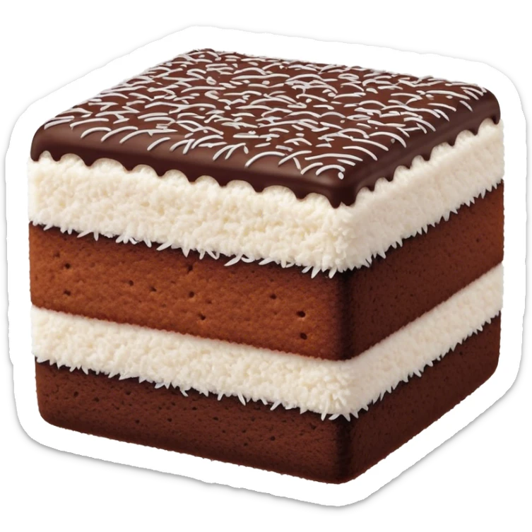 Lamington Cinematic Realistic Lamington Dessert Emoji, depicted as a sponge cake square coated in chocolate and dusted with coconut on all sides, rendered with lifelike textures and vibrant, tropical lighting. sticker