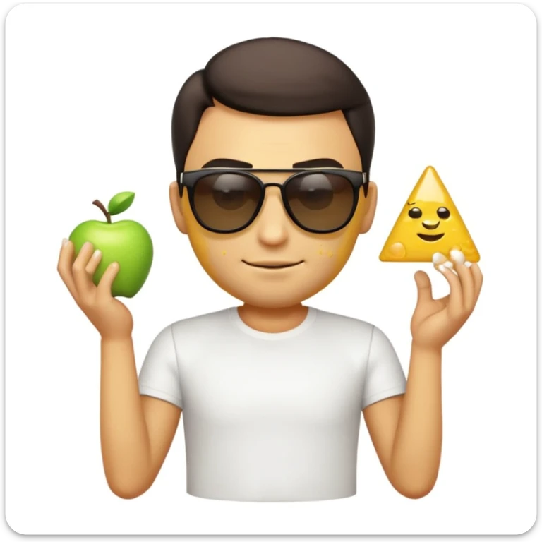 3D apple-style emoji of a stylish man in Salt Bae pose, sunglasses, short-sleeved white t-shirt, black pants, sprinkling salt, yellow emoji skin, triangle eyes, confident smirk, white background, glossy finish sticker