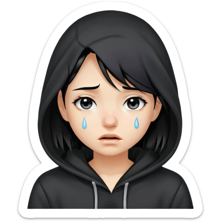 girl with black hair in black hoodie with tears streaming down her face sticker