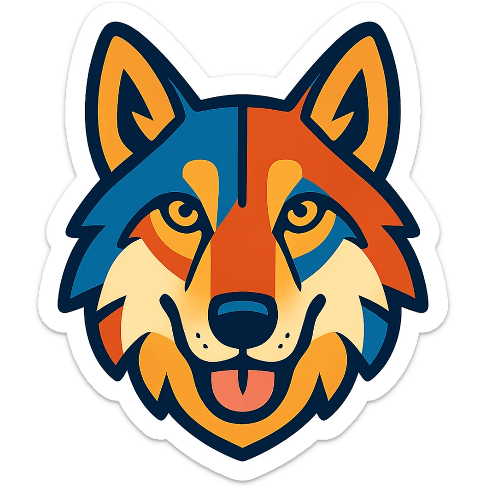 cartoon style face of an American wolfdog, vibrant colors sticker