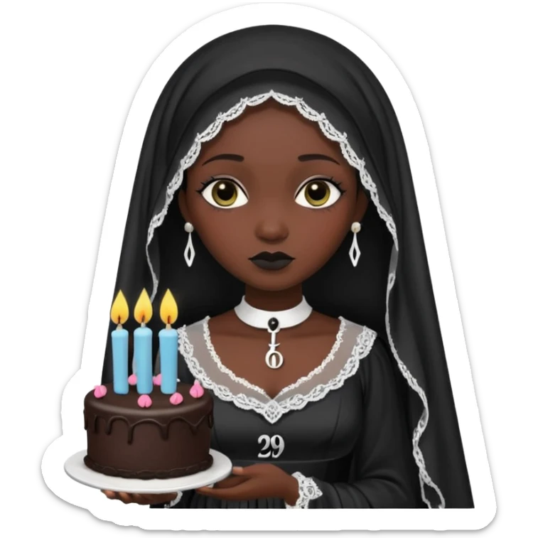 Emoji-style illustration of a cute sarcastic woman, black mourning dress and veil, holding a birthday cake with number 29 candles, ironic expression, RIP 20s theme, flat design, bold outlines, pastel gothic colors, high resolution, clean background, perfect for profile picture sticker