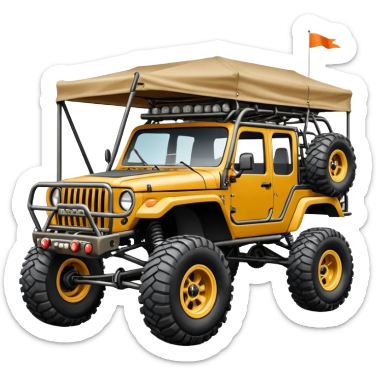 Well-equipped Off road Race truck whose frame and detailed suspension is made of shopping cart material with padded roll cage, huge roof rack, winch, and antique style handmade bodywork (survivalist style) sticker