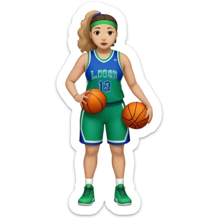 Full Body light skin Latino plus size women basketball player wearing blue and green uniform sticker