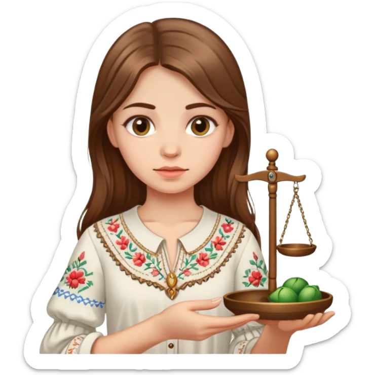 A Ukrainian girl with brown hair in an embroidered shirt holds the scales of truth in her hand sticker