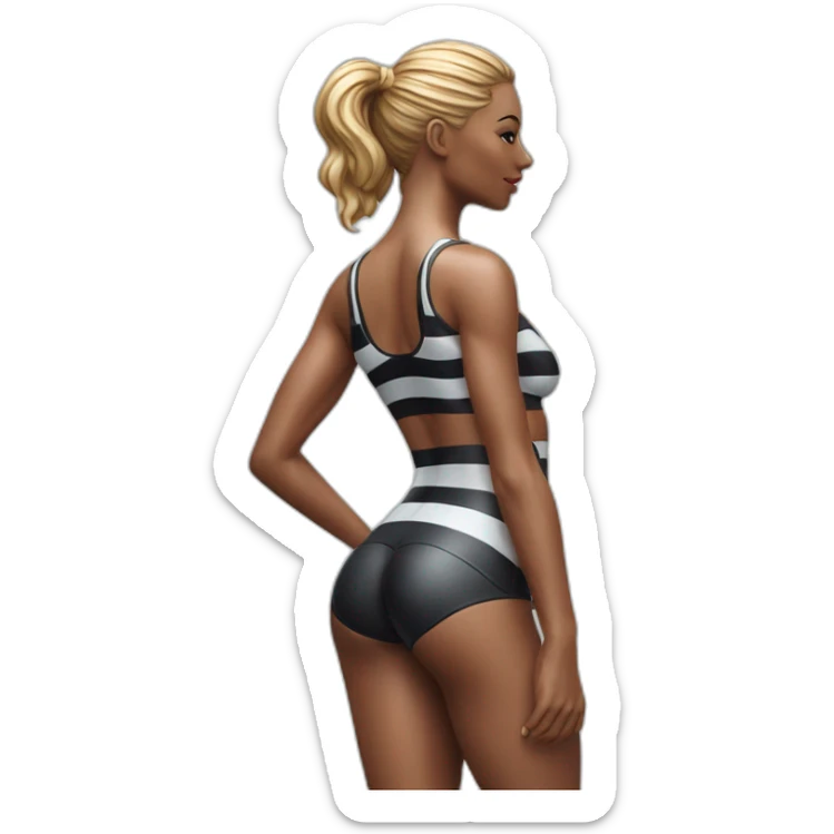 Hyper-realistic figurine showing tall sultry fitness model in striped body paint from behind sticker