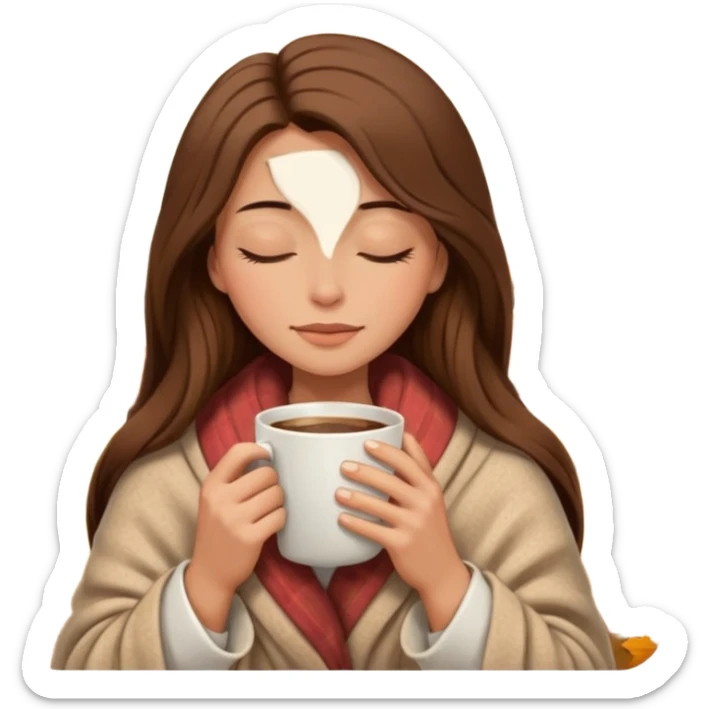 long brown hair woman closed eyes hiding under a cozy wool beige blanket, holding cup of coffee, autumn mood sticker