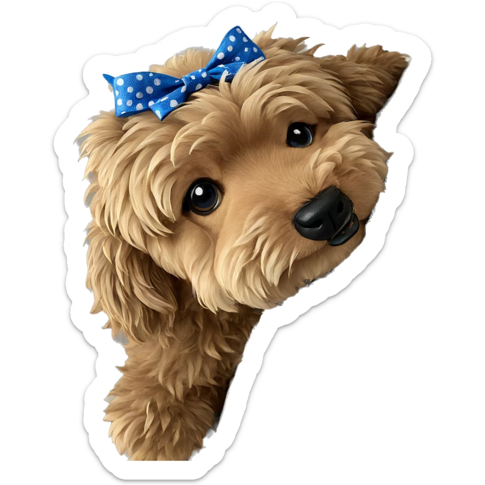 fluffy dog with blue bow sticker