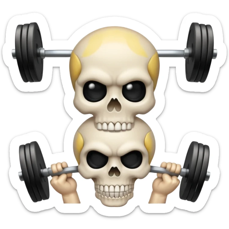cartoon-style emoji of a white skull with black eye sockets, holding a heavy barbell with large weights across its shoulders, confident and intense expression, clean lines, bold colors, simple or transparent background, stylized like an emoji sticker