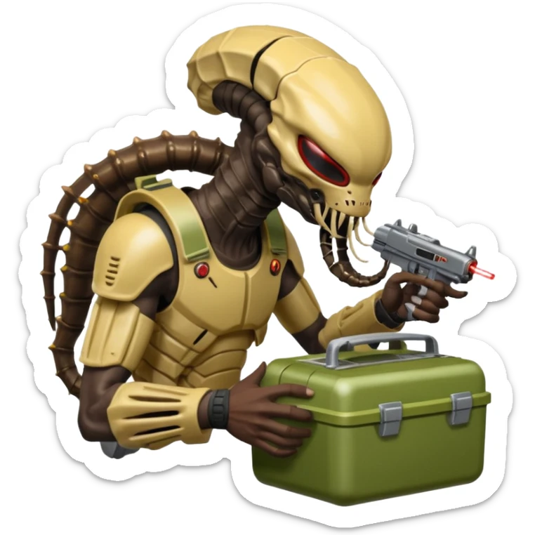 The Predator, as in the 1987 movie, with full armor, laser gun and mask eating an Alien facehugger from a lunchbox, the setting should be dark and sci-fi. sticker