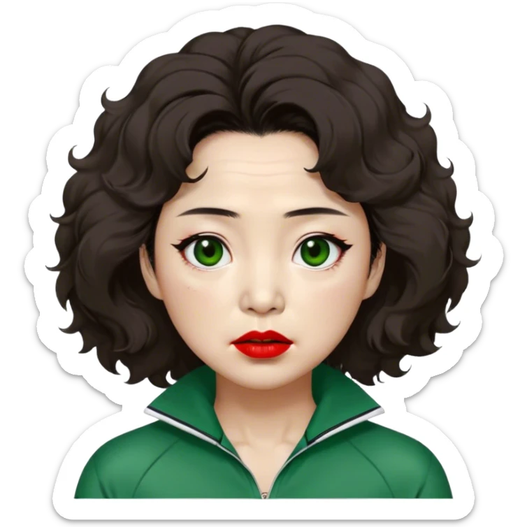 Han Mi-nyeo: Age Late 60s
A woman with many wrinkles face, frizzy, very messy dark brown hair and dramatic red lipstick.
Outfit: Green player tracksuit sticker