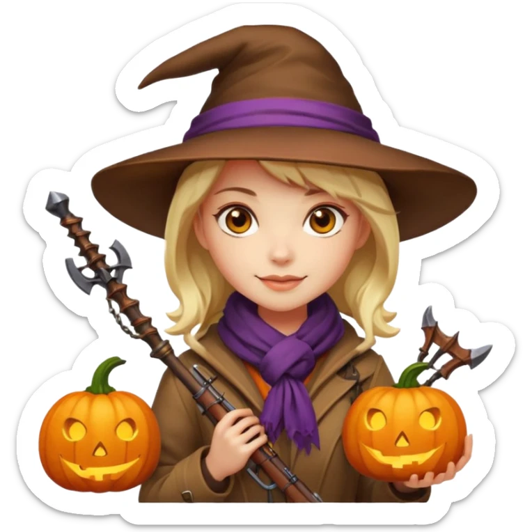 female human monster hunter emoji, wearing brown coat and hat, holding crossbow, soft smile, scarf, glowing pumpkin by her side, Halloween fantasy style, clean vector Apple emoji look, bright colors, white background, square sticker