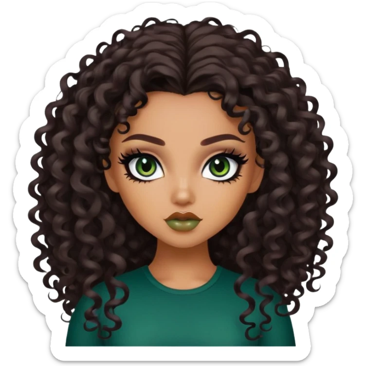 curly long dark brown hair, tan skin,  dark green iris, pretty bratz baddie, black eyeliner sticker