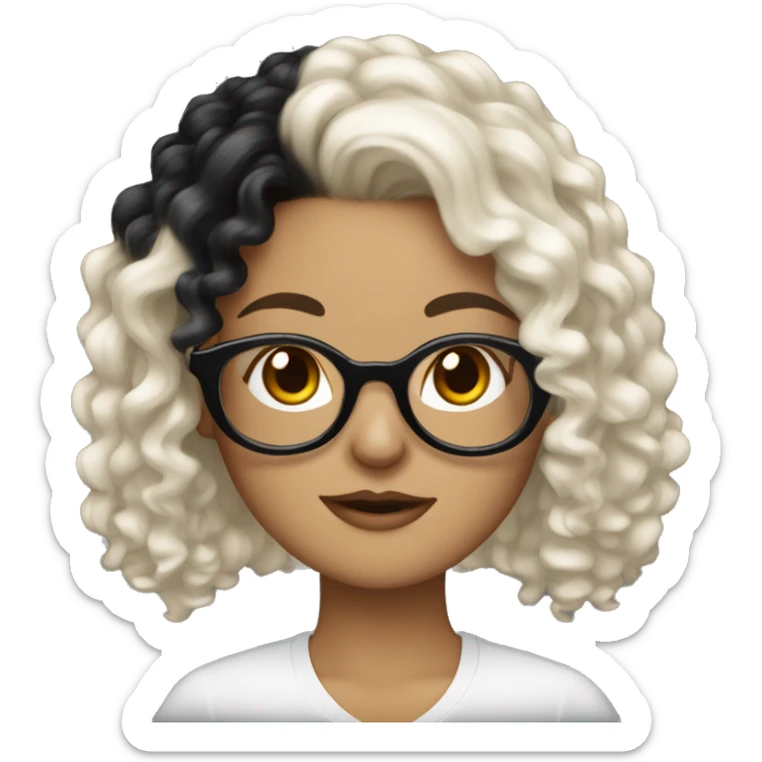 A White girl with curly medium length black hair and glasses holding a Yorkie  sticker