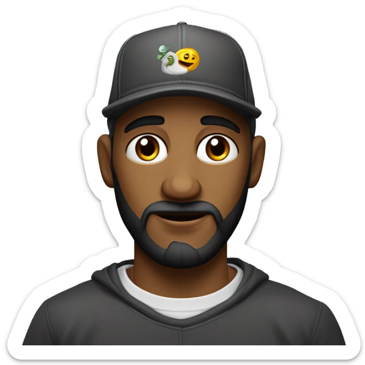 Hombre de tez clara, con ojos claros, barba fina y perilla, gorra negra bordada, y sudadera gris. Expresión relajada y estilo urban sticker