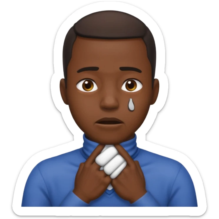 make a photo of a black man who is choking himself with his hands but his hands are on the front of his neck sticker